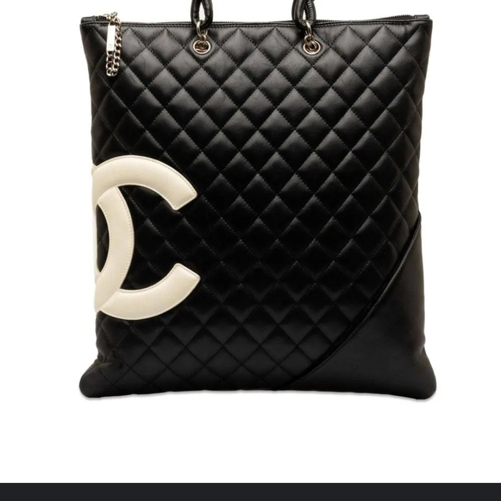 Vintage Chanel Quilted Cambon Lambskin Black and White Flat Tote Bag